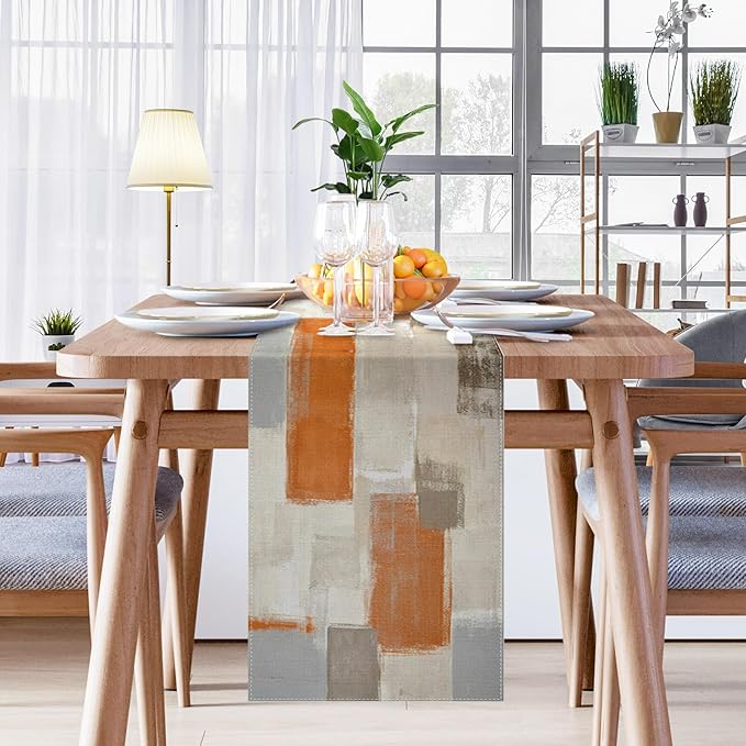 Emvency Farmhouse Table Runner, Modern Orange and White Abstract Art Painting for Kitchen Coffee Table Family Dinners Holiday Parties Wedding Events Decor(13x72 inch)