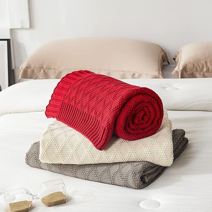 Longhui bedding Cotton Wine Red Cable Knit Throw Blanket for Couch Chairs Bed Beach, Home Decorative Knitted Blanket, 50 x 60 Inch with a Washing Bag,Silk Bow Tie Package