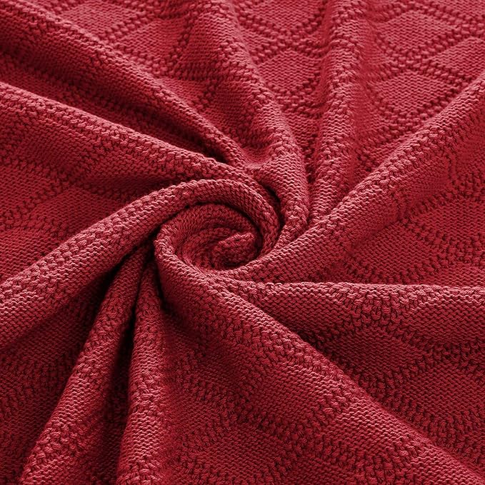 Longhui bedding Cotton Wine Red Cable Knit Throw Blanket for Couch Chairs Bed Beach, Home Decorative Knitted Blanket, 50 x 60 Inch with a Washing Bag,Silk Bow Tie Package