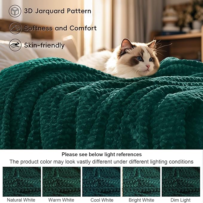 PHF Ultra Soft Flannel Fleece Blanket King Size, Lightweight 3D Jacquard Fleece Blanket, No Shedding, No Pilling, Luxury 340GSM Aesthetic Fluffy Cozy for Bed Room Decor, 108"x90", Teal