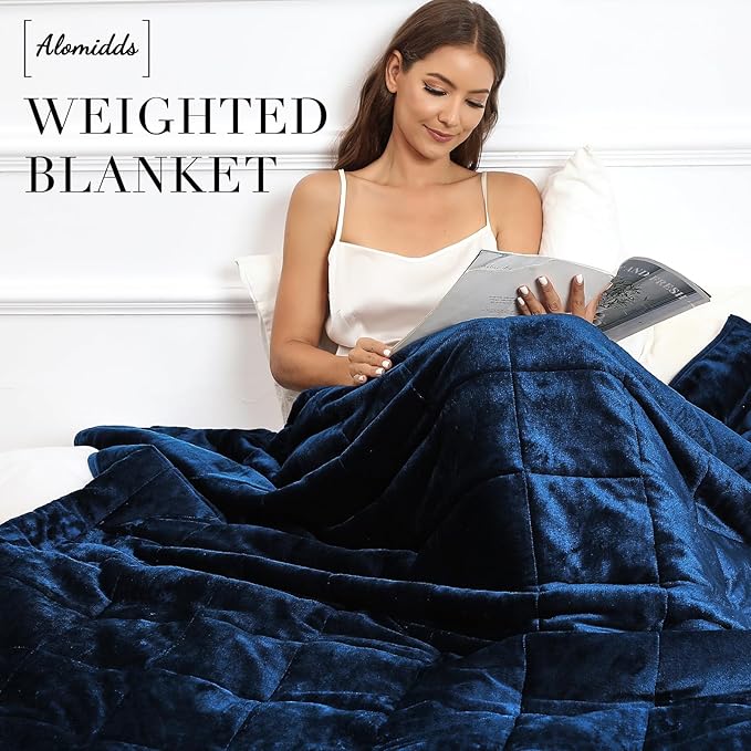 Alomidds Weighted Blanket Twin Size 15lbs 48x72 inches, Sherpa Weighted Blankets for Adults,Fluffy Warm Sherpa & Cozy Soft Flannel Snuggle Thick Heavy Blanket Great for Calming and Relax, Navy