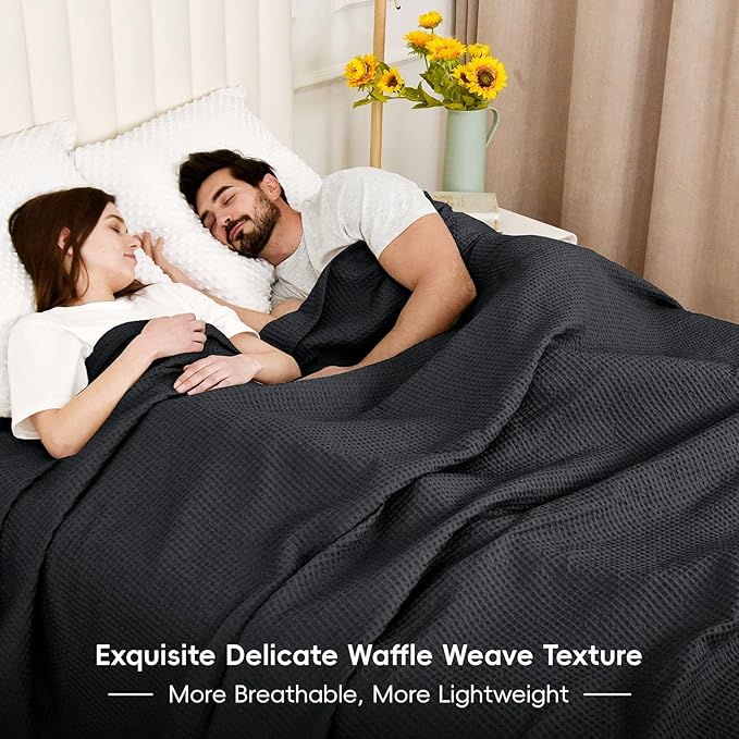 PHF 100% Cotton Waffle Weave Blanket King Size 104" x 90" - Lightweight Washed Soft Breathable -Perfect Layer for Couch Bed Sofa - Aesthetic Elegant Home Decoration Gift - Black