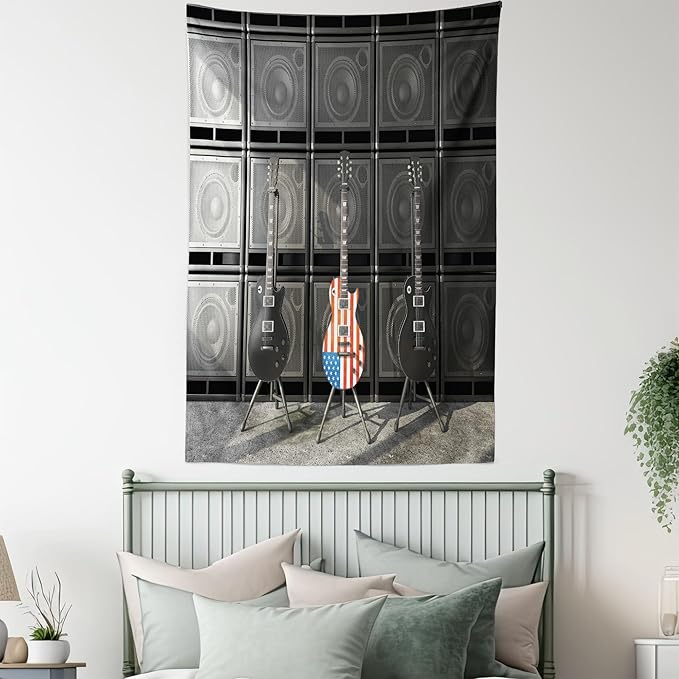 Ambesonne American Flag Tapestry, Black and Us Bass Guitar Electronic Rock Music Theme Digital Graphic Work, Wall Hanging for Bedroom Living Room Dorm Decor, 40" X 60", Charcoal Red