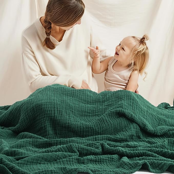 Carriediosa 100% Cotton Muslin Throw Blanket 70" X 80" Twin Size,4-Layers Summer Gauze Throws for Bed Couch,Soft Lightweight Breathable Linen Blankets Bedspread for Adults All Season,Dark Green