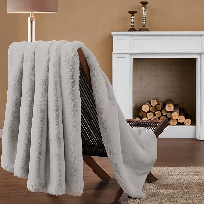 UGG Euphoria Plush Faux Fur Throw Blanket Medium Weight Reversible Luxury Soft Throw for Couch Bed or Chair Hypoallergenic Machine Washable Home Decor Blanket, 50-inch x 70-inch, Seal Light Grey