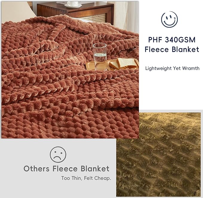 PHF Ultra Soft Flannel Fleece Blanket Queen Size, Lightweight 3D Jacquard Fleece Blanket, No Shedding, No Pilling, Luxury 340GSM Aesthetic Fluffy Cozy for Bed Room Decor, 90"x90", Burnt Umber