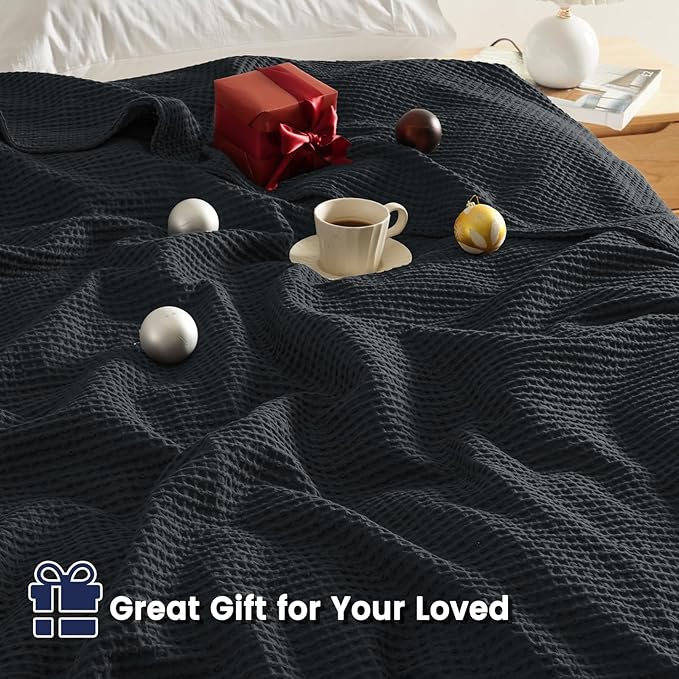 PHF 100% Cotton Waffle Weave Blanket King Size 104" x 90" - Lightweight Washed Soft Breathable -Perfect Layer for Couch Bed Sofa - Aesthetic Elegant Home Decoration Gift - Black