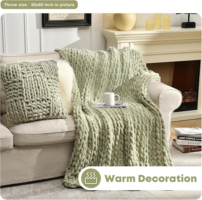 Soft Chunky Knit Blanket, 60X80 in Handmade Thick Chenille Yarn Throw Without Shedding & Raveling, Aesthetic & Cozy Home Decor with Couch Sofa Bed, Gift Pack, Sage Green