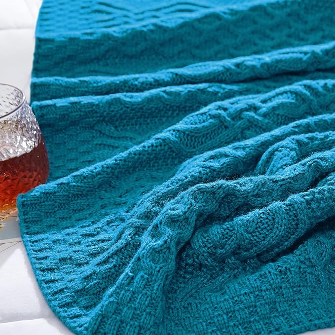 Aormenzy Teal Cable Knit Throw Blanket, Soft & Warm Knitted Blanket Throw for Couch Bed Sofa Living Room, 50 x 60 Inch