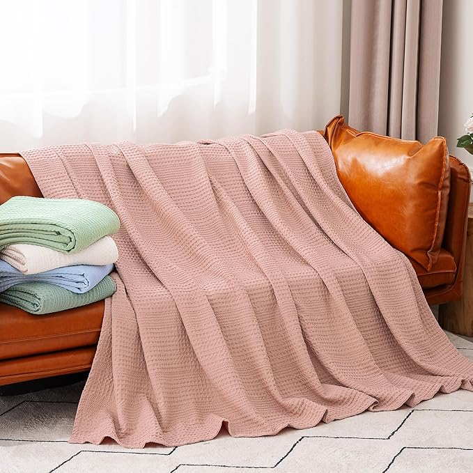 PHF Lightweight Waffle Weave Blanket Queen Size, Breathable & Ultra Soft, 90"x 90" Soft & Cozy Thin Blanket, Perfect for Summer & Hot Sleepers, Bed, Home Decor - Rose Pink
