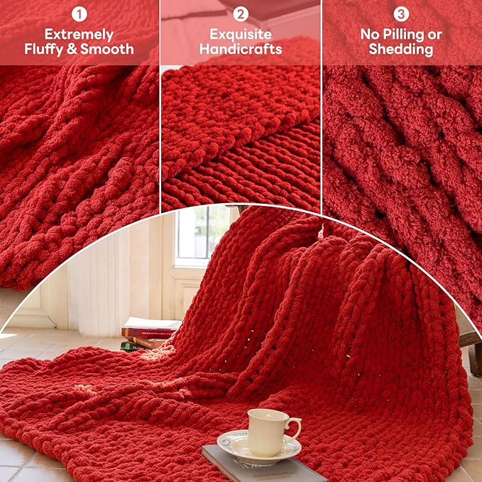 Chunky Knit Blanket - Luxury Soft Cozy Queen Size(50 * 60) Throw Blanket,100% Woven Blanket Rope Knot Throw Blanket for Couch, Sofa, Home Decor, Gift - Machine Washable(Wine red)
