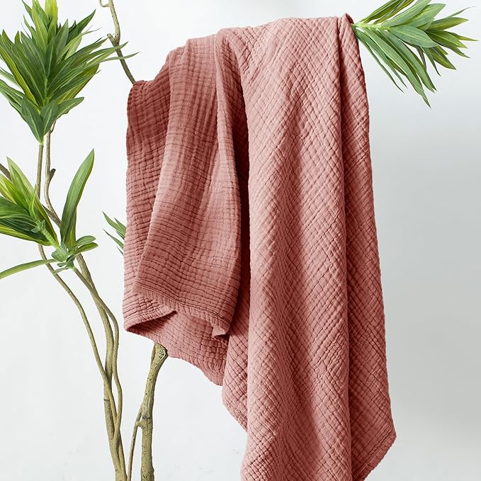 Carriediosa 100% Cotton Muslin Throw Blanket 90" X 90" Queen Size,4-Layers Summer Gauze Throws for Bed Couch,Soft Lightweight Breathable Linen Blankets Bedspread for Adults All Season,Mauve