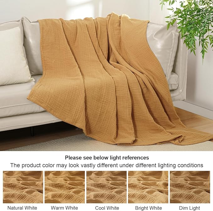 PHF 100% Cotton Muslin Blanket King Size 108" x 90", 4-Layer Lightweight and Breathable Blanket for Summer, Luxuriously Soft Gauze Bedding for Bed, Natural Minimalism Style, Ideal Gift, Honey Yellow