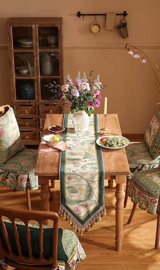 patdrea Designer Green Floral Table Runner,French Elegant Vibrant Rustic Linen with Green Leaves Patterns Fabric Table Mat,Decoration for Kitchen Dining Room Banquet Christmas ,12"*71"