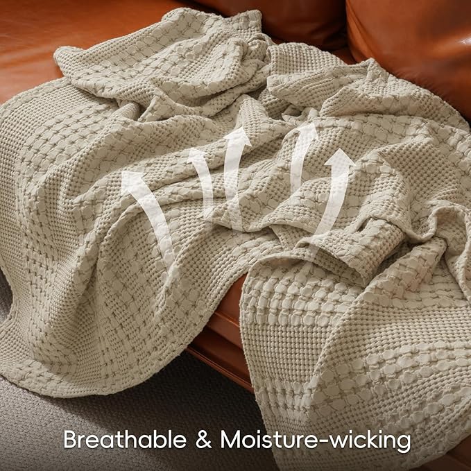 PHF 100% Cotton Waffle Weave Throw Blanket, Soft Lightweight Breathable Cozy Summer Throws for Couch Bed Sofa, Luxury Aesthetic Woven Blanket for Home Decor & Office, 50"x60", Khaki
