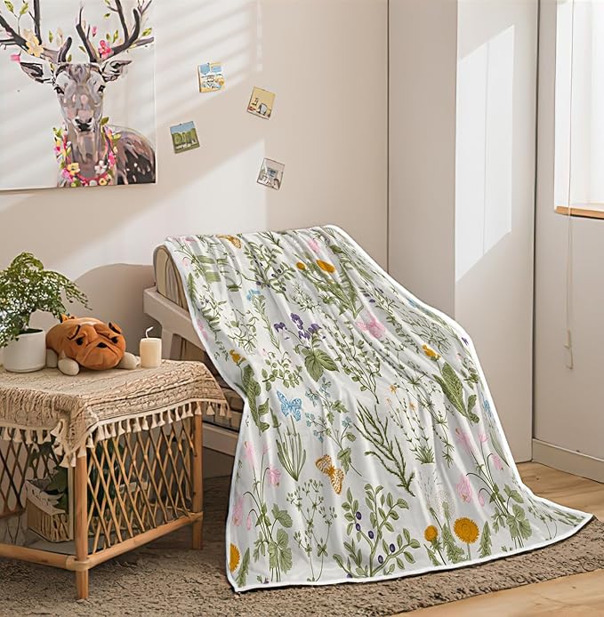 Vintage Herbs Floral Throw Blanket - Colorful Wild Flowers Printed Flannel Fleece Plush Blanket for Women, Girls - Soft, Lightweight for Bed, Sofa, Chair, Office