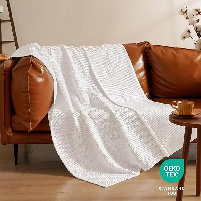 PHF 100% Cotton Waffle Muslin Throw Blanket Large 50" x 70", Lightweight and Breathable Washed Cotton Blanket, Aesthetic Soft Muslin Waffle Bedding for Sofa Bed Home Decor, White