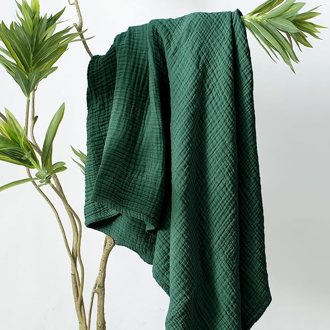 Carriediosa 100% Cotton Muslin Throw Blanket 70" X 80" Twin Size,4-Layers Summer Gauze Throws for Bed Couch,Soft Lightweight Breathable Linen Blankets Bedspread for Adults All Season,Dark Green