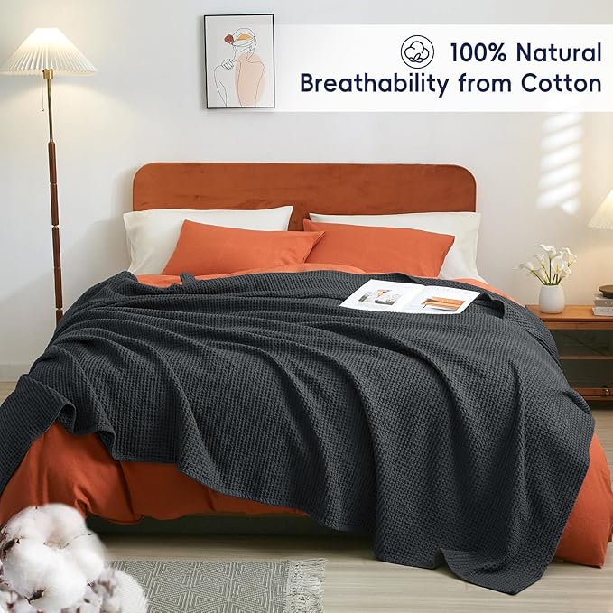 PHF 100% Cotton Waffle Weave Blanket King Size 104" x 90" - Lightweight Washed Soft Breathable -Perfect Layer for Couch Bed Sofa - Aesthetic Elegant Home Decoration Gift - Black