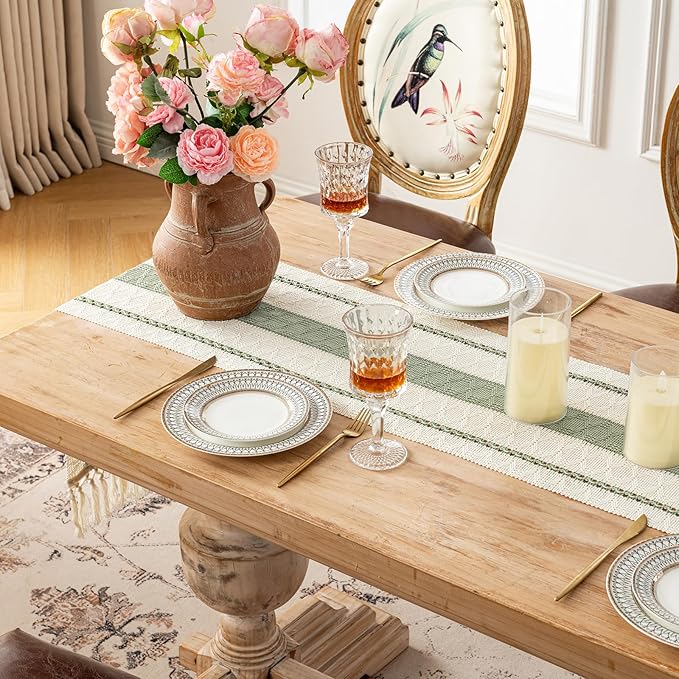Fancy Homi Sage Green Table Runner 60 Inches Long Boho Macrame Table Runner for Home Decor, Farmhouse Table Runners with Tassels for Party Bohemian Rustic Bridal Shower Dining Decor 12x60 Inches