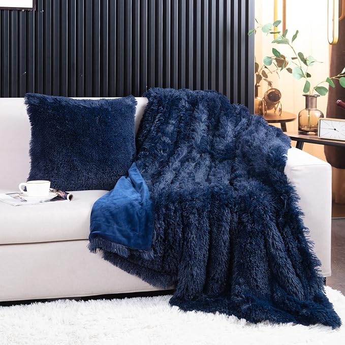 YUSOKI Navy Blue Faux Fur Throw Blanket,2 Layers,50" x 60" Cozy Plush Fluffy Blanket Furry Fuzzy Warm Cute Shaggy Blanket for Fall Bed Living Room Décor Baby Women Pet