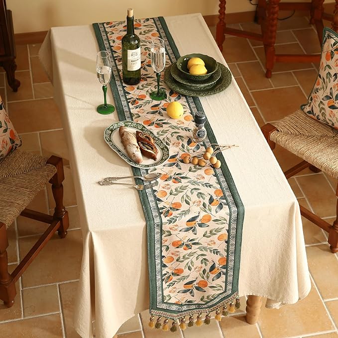 patdrea Designer Vintage Fresh Farmhouse Linen Table Runner 71 Inch Long, Green and Orange Pattern Table Mat, Decor for Kitchen Dining Table Coffee Table Shelf Cabinet Banquet Christmas ,12"*71"