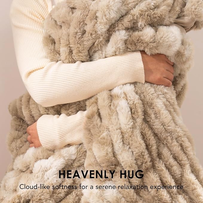 EVERGRACE Luxurious Soft Faux Rabbit Fur Throw Blanket, Cozy Fuzzy Plush Warm Throws for Couch Bed Sofa Chair Home Decor, Ruched Bubble Fluffy Blanket with Reversible Velvet, 60" x 80", Beige