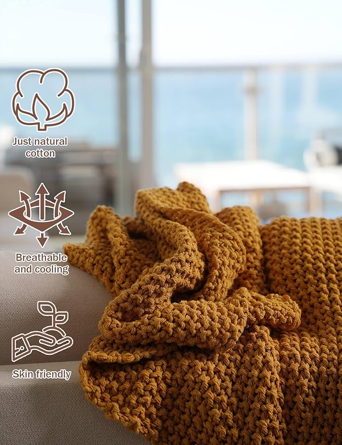 Chunky Cotton Knit Throw Blanket, Light Weight Cable Knit Throws for Bed Couch Sofa, Comfy & Relaxing, Decorative Piece for Farmhouse Rustic Scandinavian Chic Vibe, Turmeric Yellow 60x80 Inches