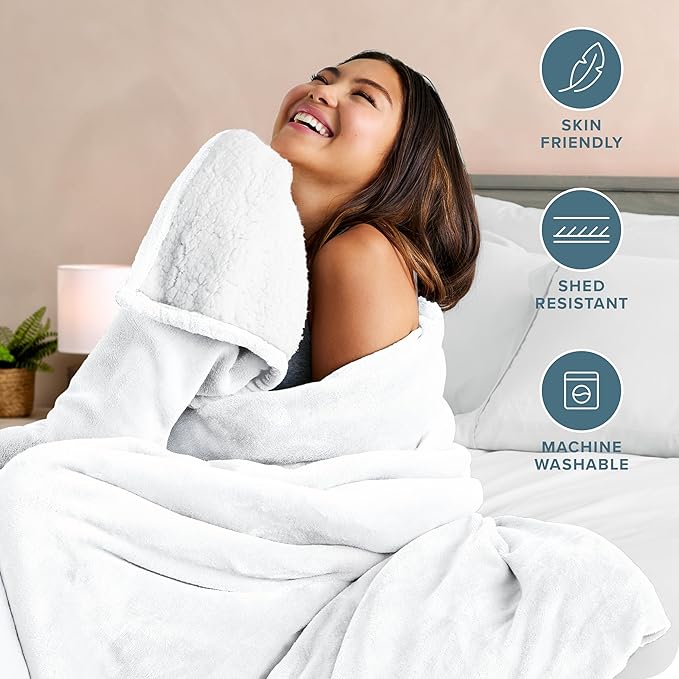 Bare Home Sherpa Fleece Blanket - King Size - Blanket for Bed, Sofa, and Couch - Warm & Lightweight - Fluffy & Soft - Reversible (King, White)