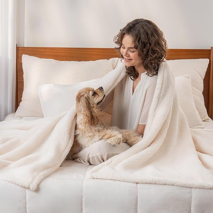 Berkshire Blanket Classic Extra-Fluffy™ Plush Throw Blanket, Soft Fuzzy Fluffy Long Hair Throw Blanket for Couch Sofa Bed, Cream, 50x60 Inches