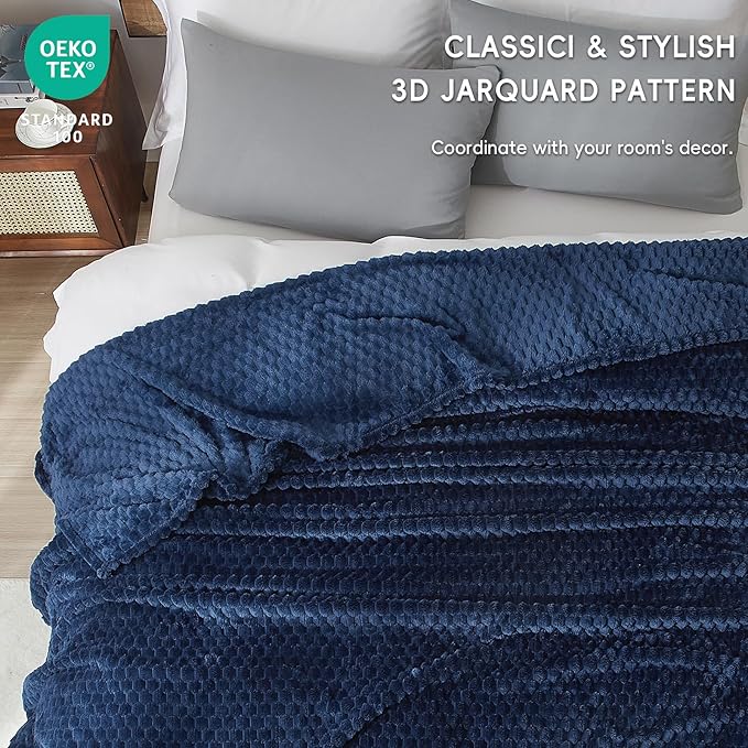 PHF Ultra Soft Flannel Fleece Blanket King Size, Lightweight 3D Jacquard Fleece Blanket, No Shedding, No Pilling, Luxury 340GSM Aesthetic Fluffy Cozy for Bed Room Decor, 108"x90", Navy Blue