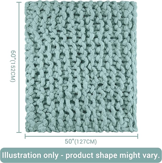 Knit Blanket 50"x60" Aqua Blue Cream Soft Washable Chenille Throw Blanket Cozy 100% Handmade Crochet Blankets with Jumbo Chenille Yarn for Couch Bed Sofa Room Decor
