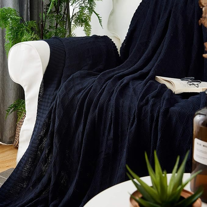 100% Cotton Navy Blue Cable Knit Throw Blanket with Bonus Laundering Bag - Large Thick, 2.5 Pounds,Extra Cozy, Machine Washable, Comfortable Home Decor (Navy X pattern, 50"x60")