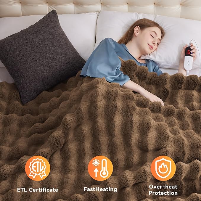 Heated Blanket Throw with 1/2/4/6/8 Hours Auto-Off 10 Heat Level, 90'' * 100'' Cozy Faux Rabbit Fur Bubble Electric Blanket with Overheat Protection(Brown)