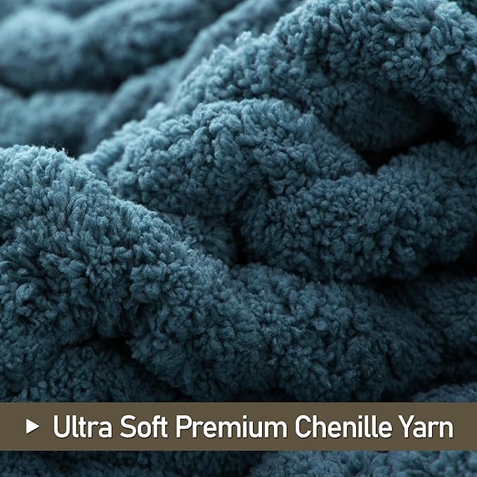 Chunky Knit Throw Blanket 50"X 60", 100% Handmade with Soft Chenille Yarn, 4.4lbs Thick Cable Knitted Blankets, Large Rope Knot Crochet Throws for Couch Sofa Bed Home Decor, Mineral Blue