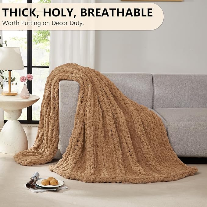 L'AGRATY Chunky Knit Blanket Throw: 60''x80'' Chenille Chunky Knitted Throw Blanket for Bed Couch - Handmade Thick Big Cable Knit Blanket - Large Crochet Rope Blanket for Home Decor(Tan)