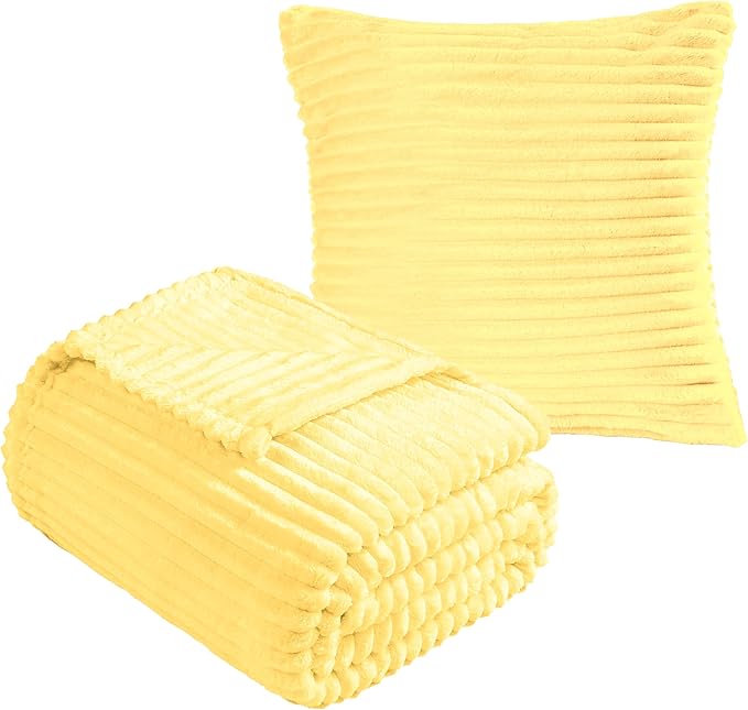Vessia Flannel Throw Blanket with Pillow Cover for Couch,Sofa,Bed, 300GSM Striped Light Yellow Blanket for Adults, Super Soft Warm Cozy Ribbed Pale Yellow Throw for All-Season(50x71 inch)
