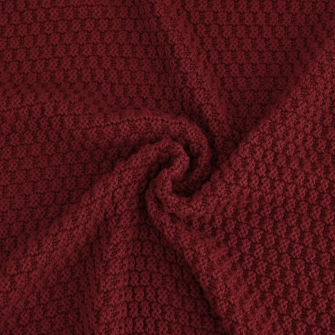 Longhui bedding Wine Red Knitted Throw Blanket for Couch, Cozy Machine Washable 100% Cotton Sofa Knit Blankets, 51 x 63 Inches, Burgundy Color