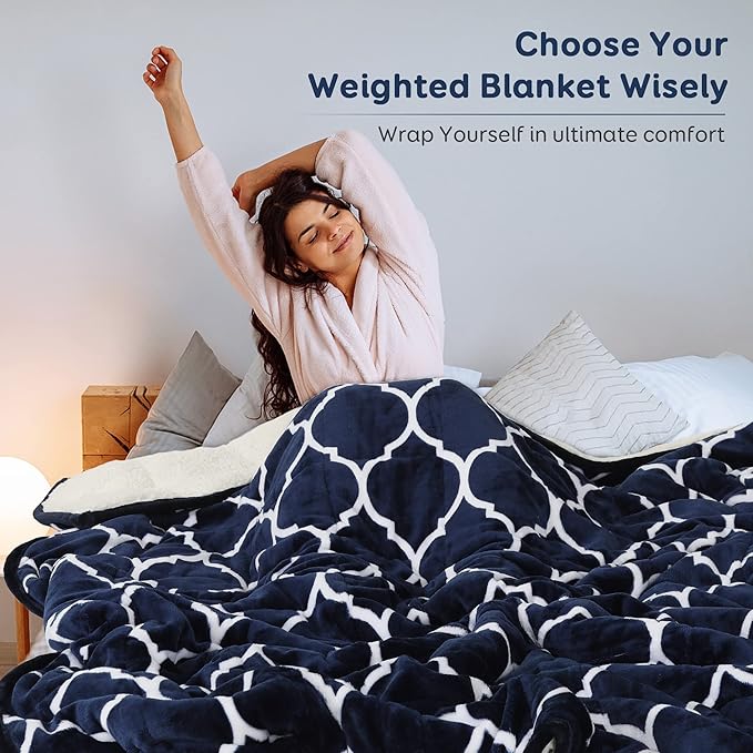 Cottonblue Morocco Fashion Print Weighted Blanket 20lbs, Sherpa Fleece Weighted Blanket for Adult, Dual Sided Fluffy Fuzzy Plush Thick Throw Blanket for Winter Warm, 60x80 inches, Navy Blue