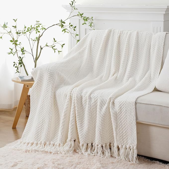 BATTILO HOME Cream White Throw Blanket for Couch, Ivory Throw Blanket for Bed, Warm Decorative White Blanket Throw for Home Decor, 50" x 60"