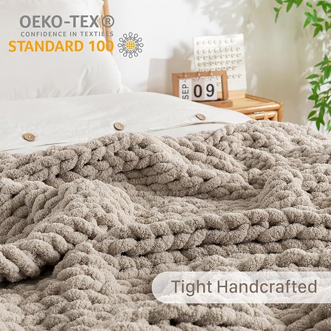 Chunky Knit Blanket Throw, 100% Hand Knit Throw Blanket Handmade Chenille Cable Knit Throw for Couch, Stylish Cozy Soft Rope Knot Crochet Blanket for Home Decor, Beige Linen, 60x80 Inches