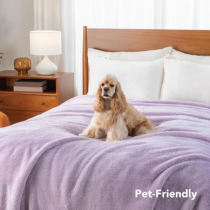 Berkshire Blanket Classic Extra-Fluffy™ Plush Blanket, Queen Size Bed Blanket, Soft Fuzzy Fluffy Long Hair Blanket for Couch Sofa Bed, Pastel Lilac Purple, 90x90 Inches