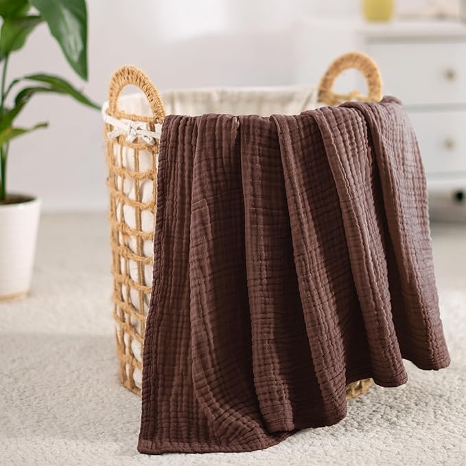 Carriediosa 100% Cotton Muslin Throw Blanket 90" X 90" Queen Size,4-Layers Summer Gauze Throws for Bed Couch,Soft Lightweight Breathable Linen Blankets Bedspread for Adults All Season,Dark Brown