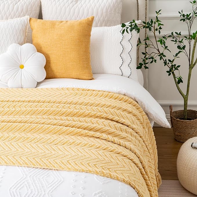 BATTILO HOME Gold Throw Blanket for Couch, Fall Decor Blankets & Throws, Fall Throw Blanket for Autumn Halloween Decoration, Yellow Blanket with Tassels for Bed Sofa, 50"x60"