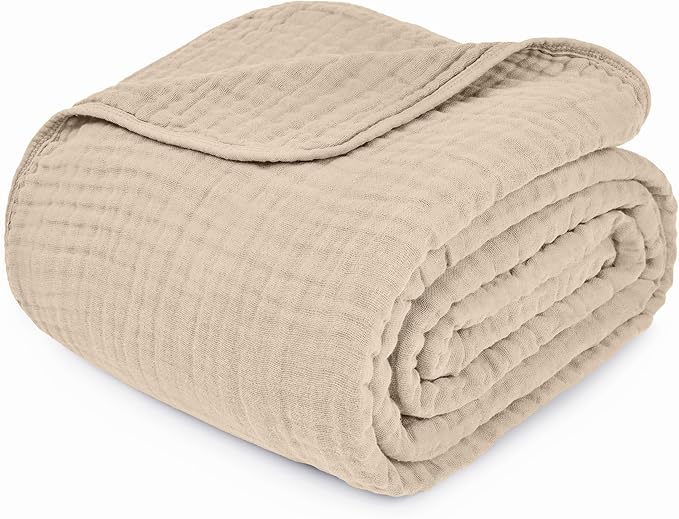 Comfy Cubs Muslin Throw Blanket - 50” x 60” Quilted Design - Lightweight, Breathable 6-Layer Gauze Fabric - Soft Cotton Blanket for Home or Travel - Packaged in Elegant Gift Box - Sand