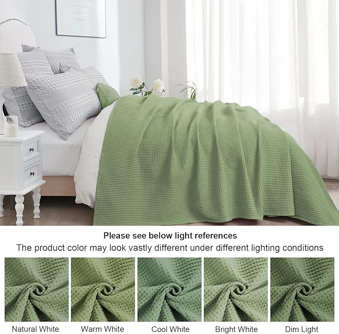 PHF Pre-Washed Cotton Waffle Weave Blanket Queen Size for Bed,Snag Proof Throw Blanket for Couch Spring Summer Lightweight Breathable,Oeko-TEX Certified,Machine Washable, Home Decor Gift,Loden Green