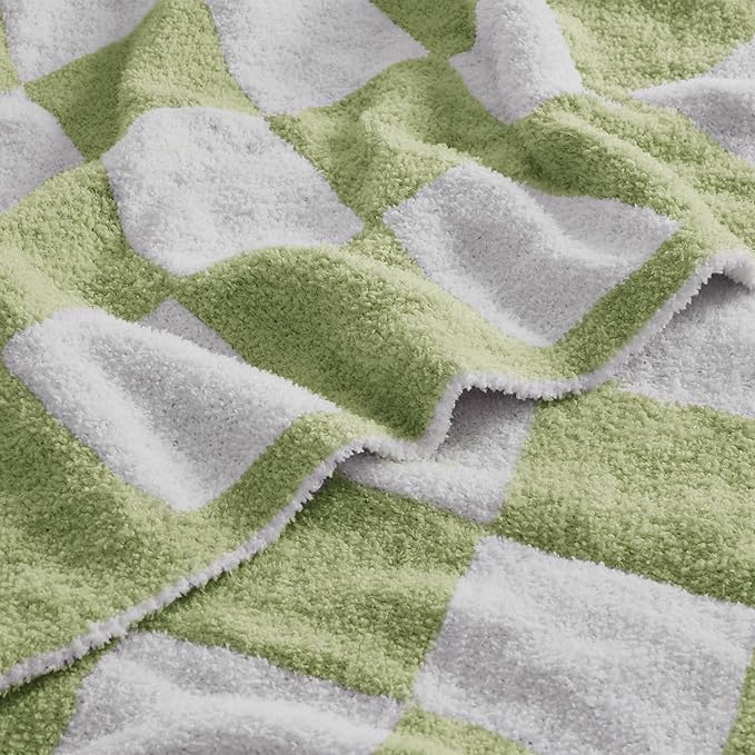 Super Soft Luxurious Warm Checkered Throw Blanket - Reversible for Couch, Bed, Sofa - 60x80 Inches - Green and White