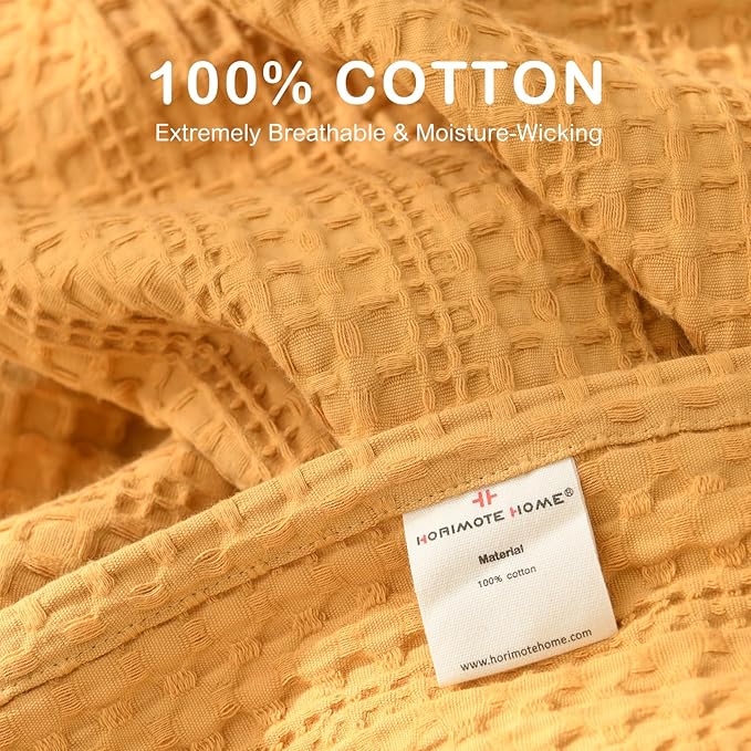 100% Cotton Waffle King Blanket with Fringe 104"x90", Pre-Washed Waffle Weave Blanket for All Season, Lightweight Breathable Soft Cozy Throw Blanket for Couch, Bed, Travel (Mustand Yellow)