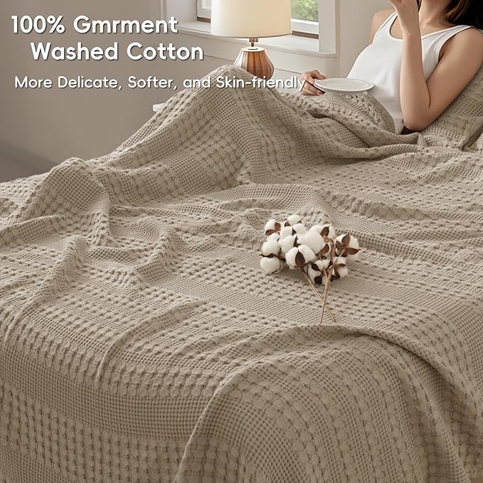 PHF 100% Cotton Waffle Weave Blanket Twin Size, Soft Lightweight Breathable Cozy Summer Blankets for Bed, Luxury Aesthetic Woven Bedding for Home Decor, 66"x90", Simply Taupe