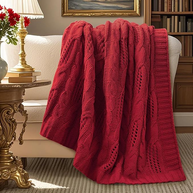 Amélie Home Chunky Knit Chenille Throw Blanket, Breathable Cable Knitted Blanket for Couch, Farmhouse Decorative Throw for Sofa Chair Bed, 50"x60", Red